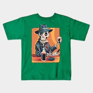 Happy skeleton in a suit and hat is having a drink in a bar Kids T-Shirt